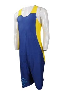 WTV153 團體訂做運動套裝款式 網上下單運動套裝一件頭男泳衣 連身 舉重 吊帶 運動背心連體衫 摔角 設計運動套裝專營店   彩藍色 撞色黃色